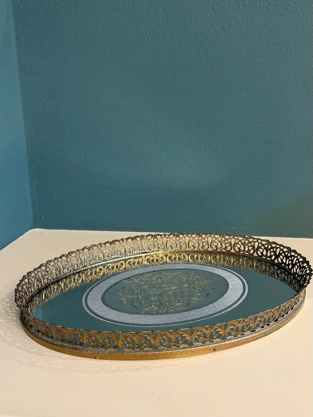 Vintage 16” Oval Mirrored Vanity Tray Ornate Gold Filigree Hollywood Regency